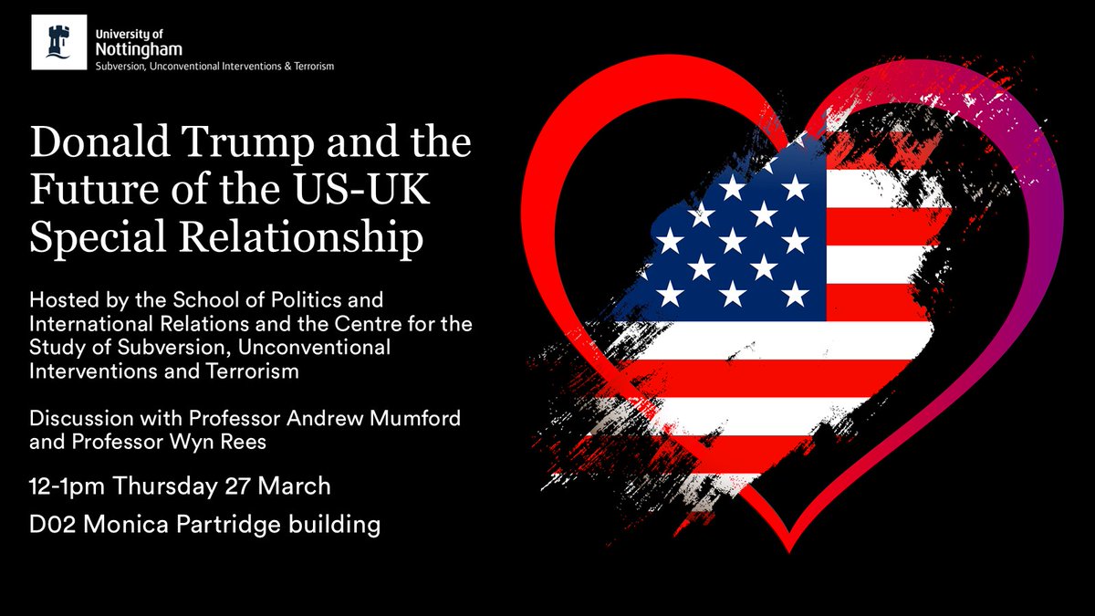 Nottingham Politics (@nottspolitics) on Twitter photo 📢EVENT: <a href="/NottsPolitics/">Nottingham Politics</a> collab with the Centre for the Study of Subversion, Unconventional Interventions & Terrorism to host discussion event with Profs Andrew Mumford and Wyn Rees
⏲️ 12pm- 1pm
🗓️ Thurs 27 March
📍 D02 Monica Partridge building
🔗tinyurl.com/bu5j9dzu 📢EVENT: <a href="/NottsPolitics/">Nottingham Politics</a> collab with the Centre for the Study of Subversion, Unconventional Interventions & Terrorism to host discussion event with Profs Andrew Mumford and Wyn Rees
⏲️ 12pm- 1pm
🗓️ Thurs 27 March
📍 D02 Monica Partridge building
🔗tinyurl.com/bu5j9dzu