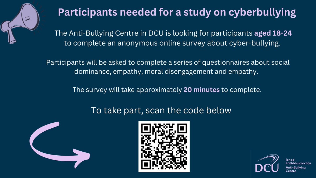 Participants Needed📢

Are you aged 18-24? 

Want to help us understand traits of cyberbullying? Take part in the anonymous survey below: 
dcusurveys.qualtrics.com/jfe/form/SV_1N…

#cyberbullying #onlinebullying #cyberbullyingresearch
