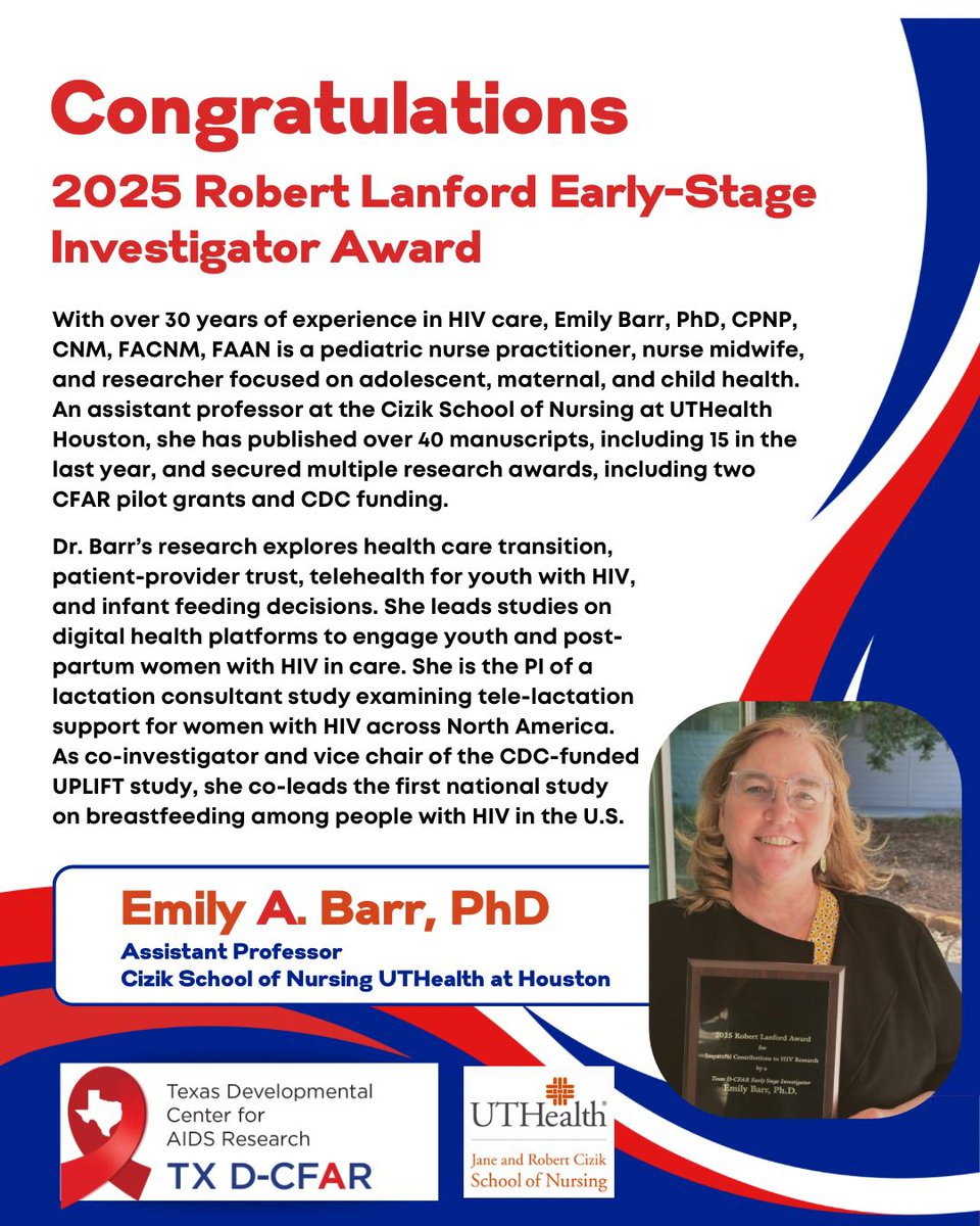 Emily Barr, PhD, PNP, CNM, FACNM, FAAN (@emmybarr) on Twitter photo Thank you <a href="/TexasDCFAR/">Texas Developmental Center for AIDS Research</a> for this incredible honor! And thanks to <a href="/CizikNursing/">Cizik School of Nursing at UTHealth Houston</a> for all of your tremendous support. 🩵🧡 Thank you <a href="/TexasDCFAR/">Texas Developmental Center for AIDS Research</a> for this incredible honor! And thanks to <a href="/CizikNursing/">Cizik School of Nursing at UTHealth Houston</a> for all of your tremendous support. 🩵🧡