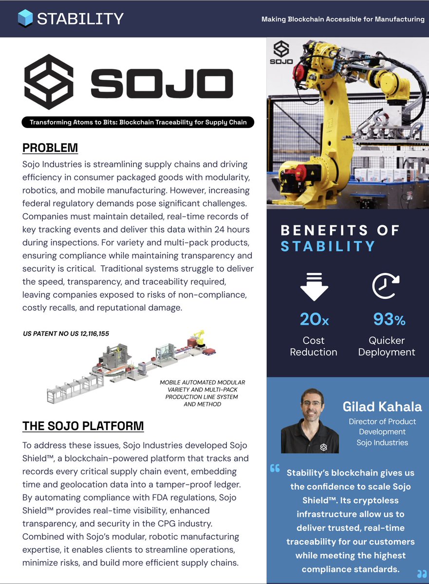 STABILITY STORIES 

🏭 Sojo Industries - Blockchain Traceability for Supply Chain

The Challenge:
Consumer packaged goods (CPG) manufacturers face increasing regulatory pressure - tracking supply chain events in real time and delivering tamper-proof records within 24 hours during