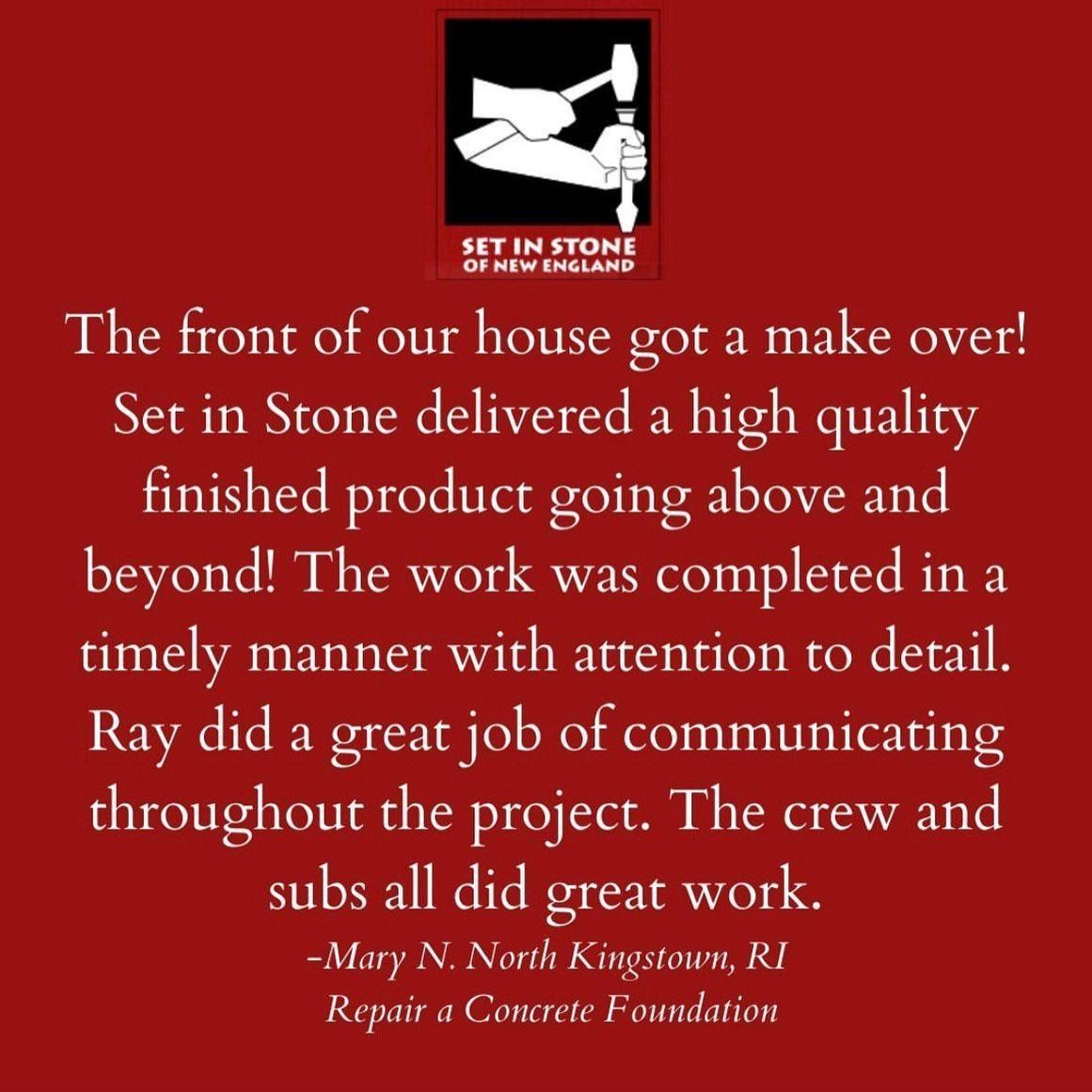 setinstone_ri's tweet image. Thank you, Mary!
#foundationrepair #foundationsolutions #setinstone #rhodeisland #fixyourfoundation #basements #customerreviews