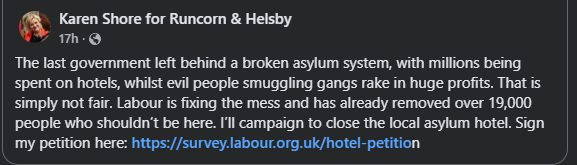 charlieswp's tweet photo. The last time a Labour MP did this, the far right took the hint and tried to burn down the hotel and murder the residents. Labour's Runcorn candidate is playing with fire and boosting racism and Reform's filthy lies. For the earlier case go to https://t.co/1uSRthGet9 https://t.co/U1DnvC5RoE