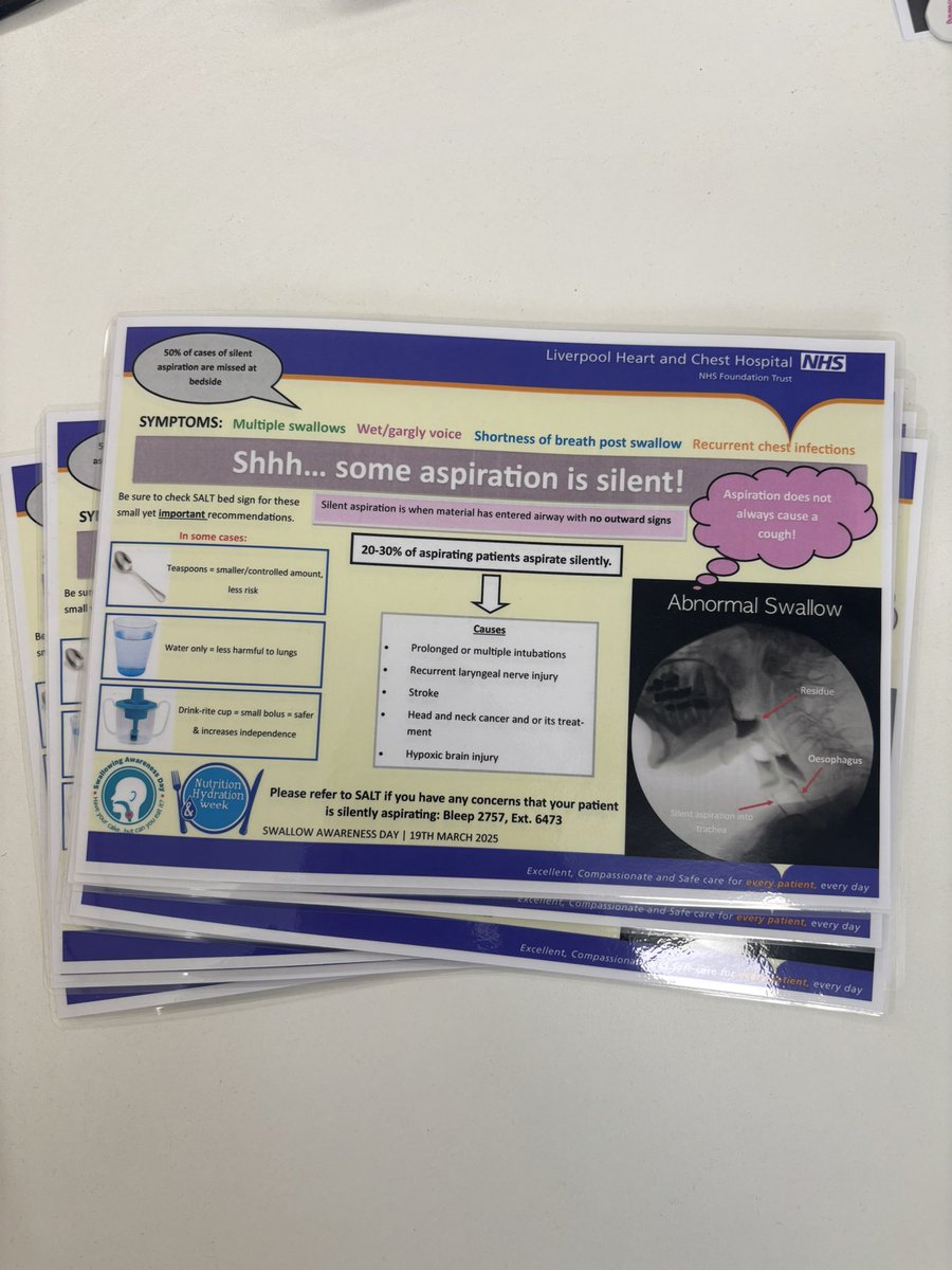 SLT_LHCH's tweet photo. Happy swallow awareness day!! Here at @LHCHFT we are raising awareness by launching a poster on silent aspiration across wards &amp; ITU. It was insightful to speak with patients and hear about their stories and experiences☺️
#NHWEEK2025 #swallowaware2025 #dysphagia #silentaspiration https://t.co/yhXb5AtfVJ