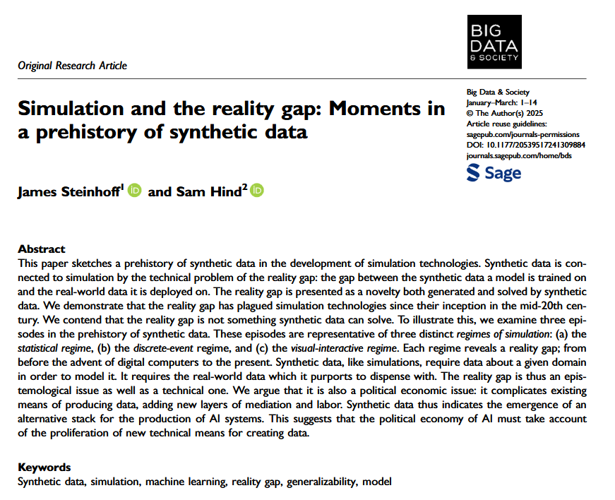 Sam Hind (@samhind10) on Twitter photo ⚡️NEW ARTICLE⚡️Simulation and the reality gap: Moments in a prehistory of synthetic data (with James Steinhoff, UCD) in <a href="/BigDataSoc/">Big Data & Society</a> available OA🔓: doi.org/10.1177/205395… ⚡️NEW ARTICLE⚡️Simulation and the reality gap: Moments in a prehistory of synthetic data (with James Steinhoff, UCD) in <a href="/BigDataSoc/">Big Data & Society</a> available OA🔓: doi.org/10.1177/205395…