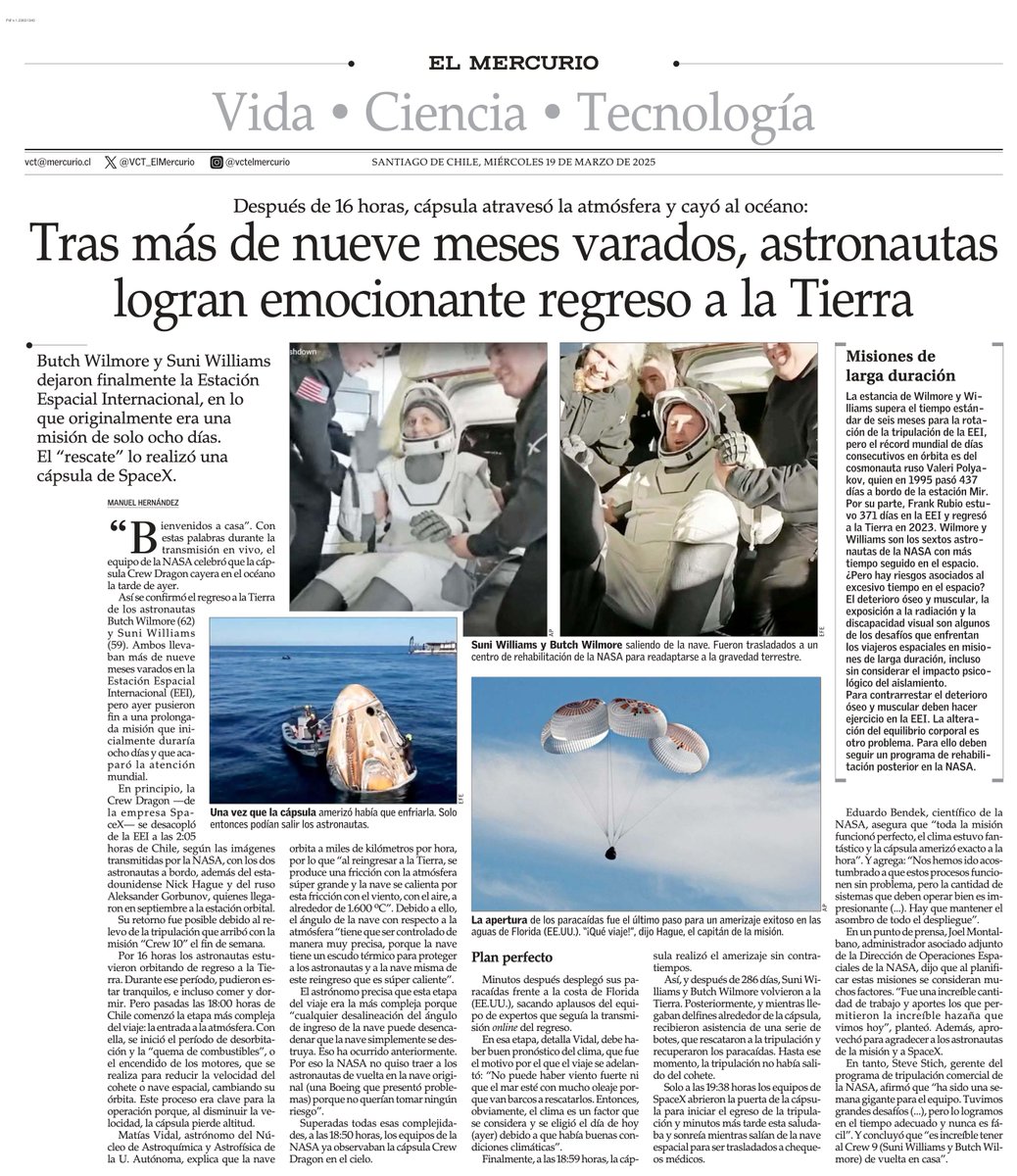 Tras más de nueve meses varados, astronautas logran emocionante regreso a la Tierra. #VCTElMercurio shorturl.at/nWGwc