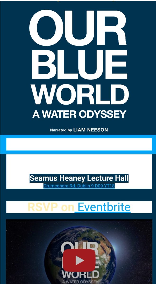 donna_cooney1's tweet photo. A special screening of #OurBlueWorld DCU Seamus Heaney Lecture Hall St. Patrick’s Campus 3pm today followed by panel discussion
Still places available
Ways to protect & restore our water 💙 @DCU #WaterProtectors
Our Blue World: A Water Odyssey Screening at DCU @DCUWater https://t.co/0J0Ar8i3cS