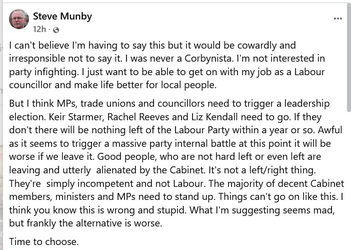 mygibbo's tweet photo. Labour really is in trouble if a loyalist like Cllr Munby wants the leadership team to go.

Happy to offer the toe of my boot. https://t.co/vtdoZyxSHZ