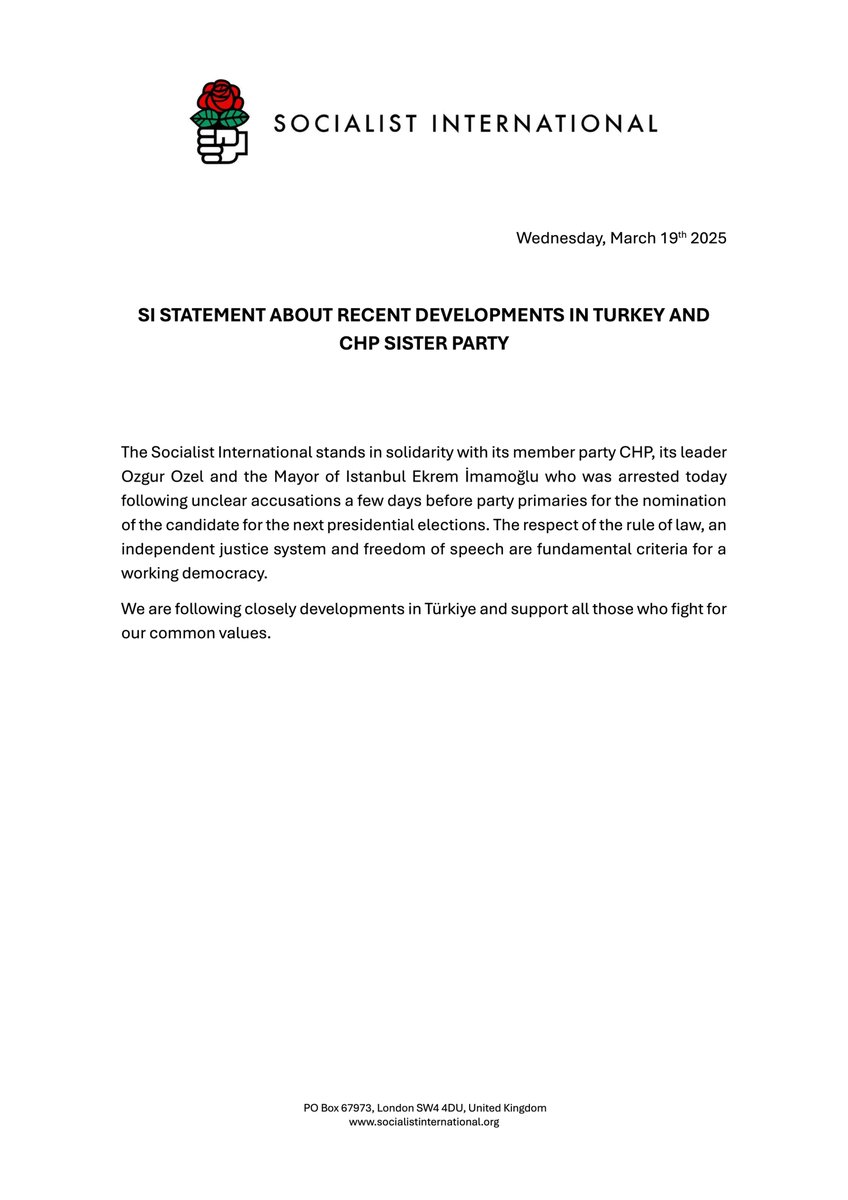 SI STATEMENT ABOUT RECENT DEVELOPMENTS IN TURKEY AND CHP SISTER PARTY