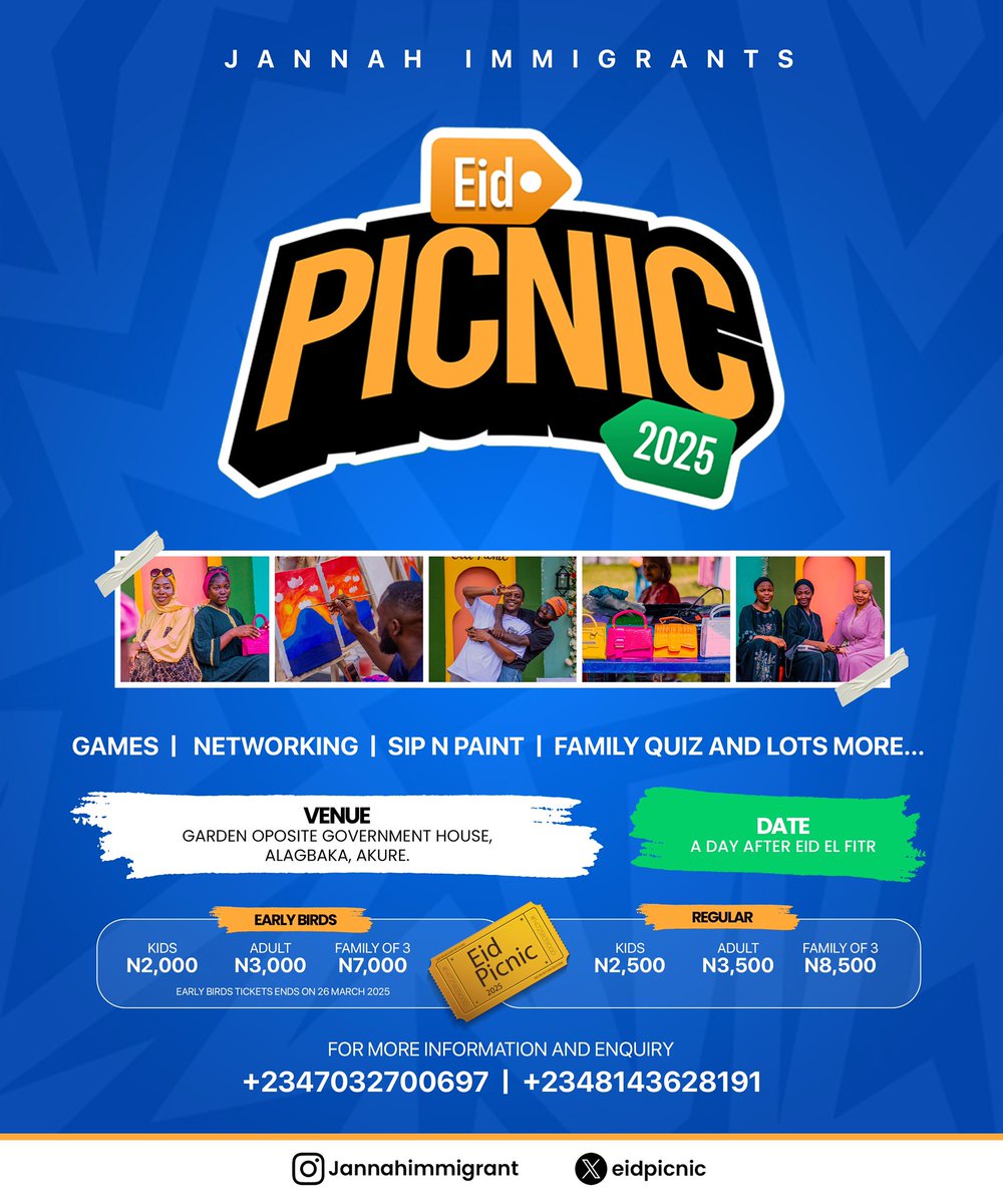 eidpicnic's tweet photo. We invite you all to our Akure Eid Picnic 6.0

Date: The day after Eid- fitr

Venue: Garden opposite house. Akure https://t.co/7KCkoa84i8