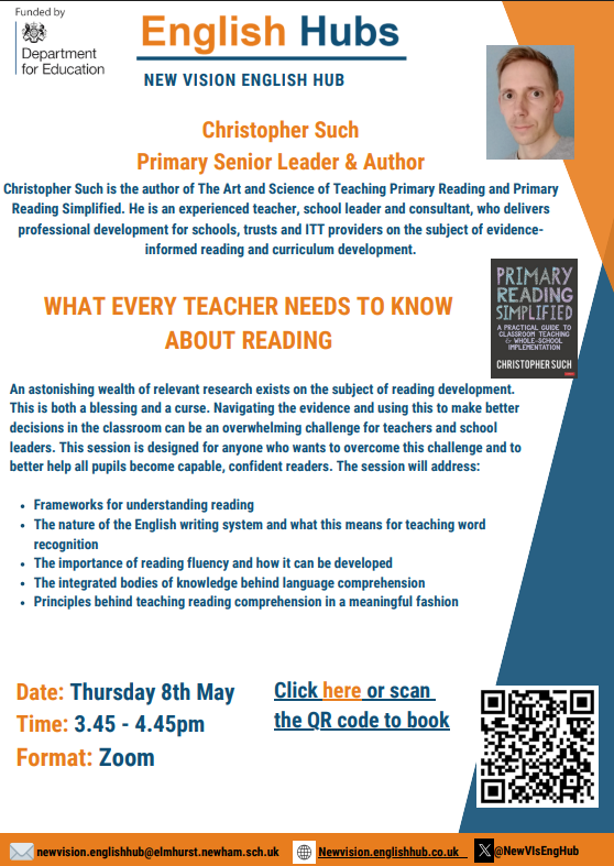 Join us for a Reading Webinar with Christopher Such, author of Primary Reading Simplified
📅 Thursday 8th May, 3.45-4.45pm  
💻Remote training   
Sign up here: forms.gle/g6UK1qbn6Wh7U2…