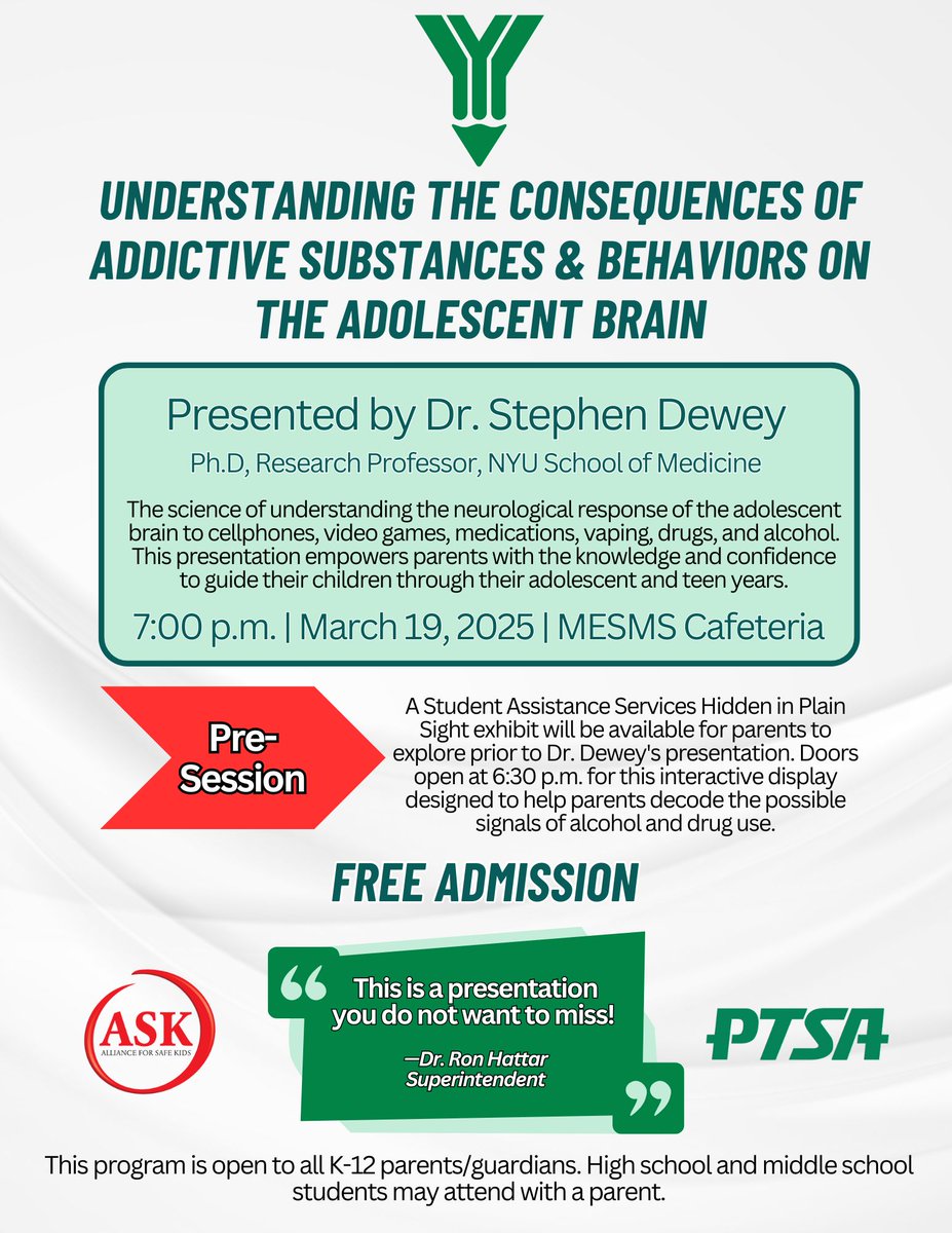 Tonight, Dr. Stephen Dewey will lead a presentation on the effects of addictive substances and behaviors on the adolescent brain. The presentation will begin at 7:00 p.m. in the MESMS Cafeteria. Doors will open at 6:30 p.m. for an interactive pre-session. No RSVP is required.