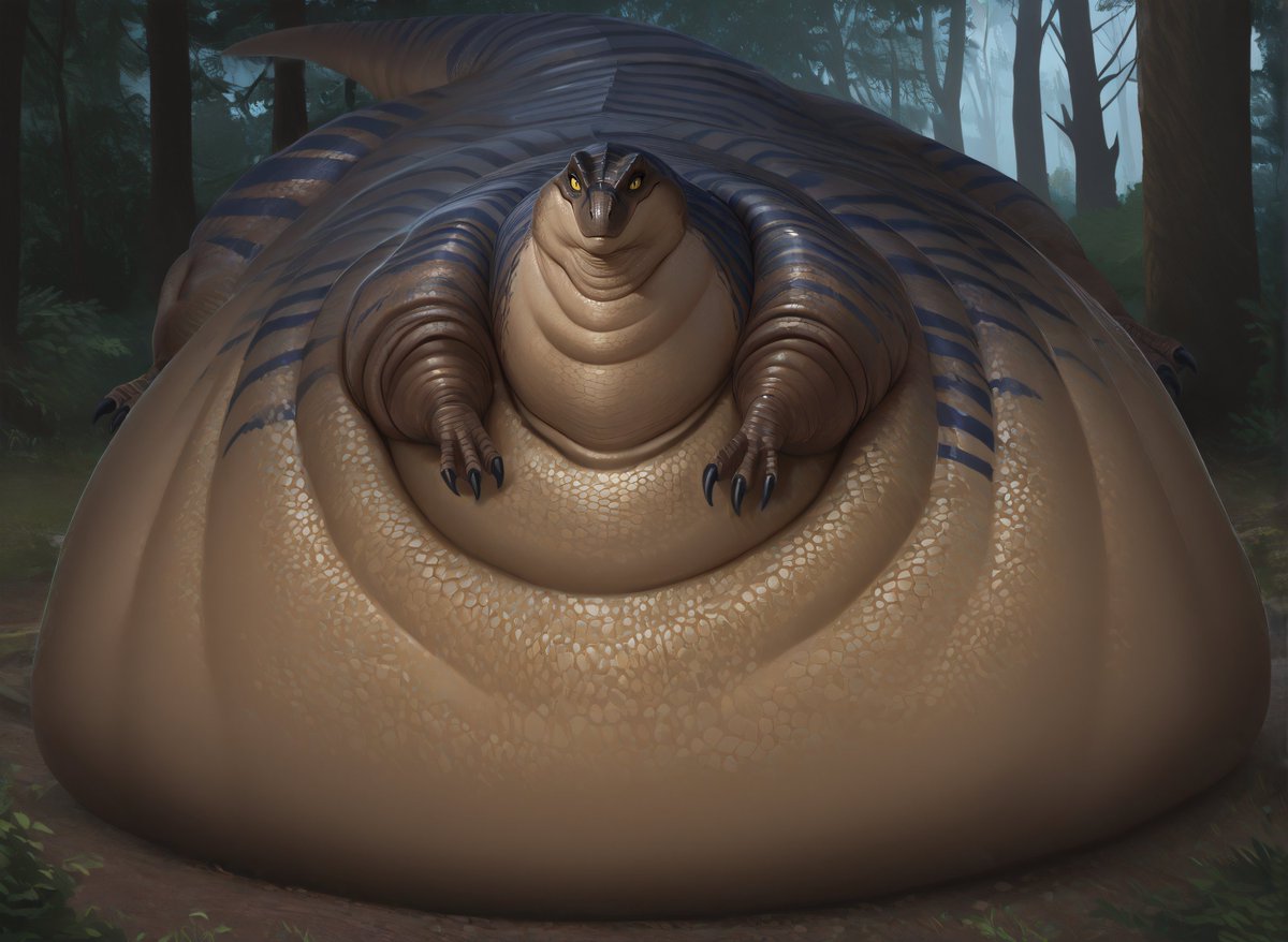 Once already an impressively large predator, something, perhaps magic, has pushed him beyond all limits causing his body to swell into an colossal immobile state. Now he rests contentedly atop his own belly basking in the gentle embrace of the cool forest breeze.