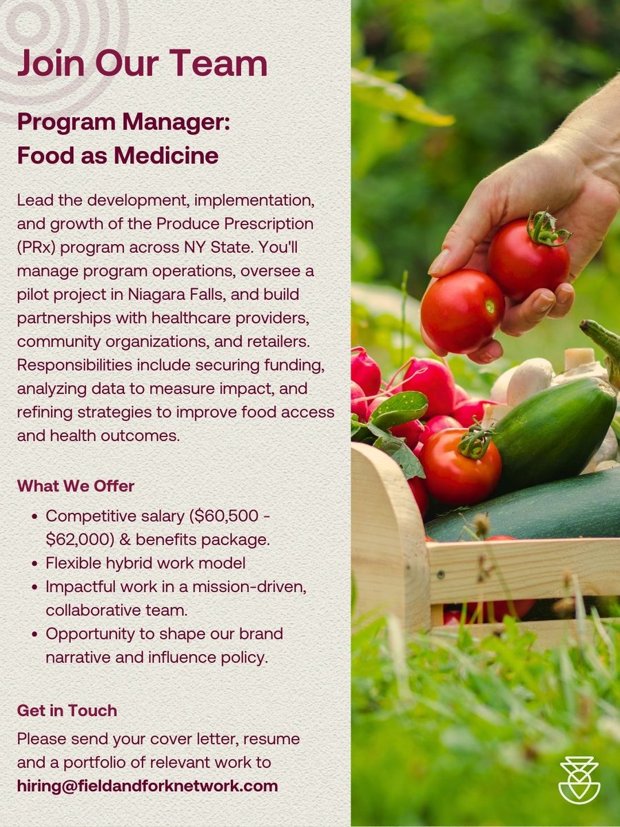 We're Hiring! Field &amp; Fork Network is looking for a Food as Medicine Program Manager and an Integrated Communications Manager to join our team and help drive meaningful change in food access and health equity.

Learn more and apply today at fieldandforknetwork.com/jobs/