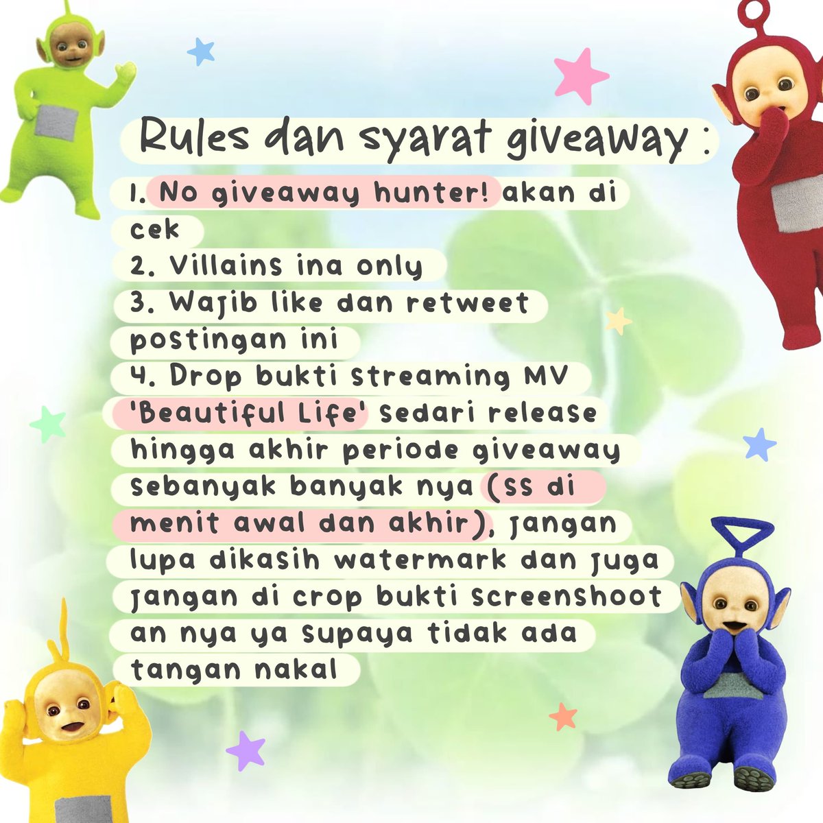 💥 TBB 💥
Teletubbies Bagi Berkah✨

•Thr untuk 11 orang
•12 Pc official untuk 12 orang
•2 Keychain untuk 2 orang
•1 Bagcharm untuk 1 orang
•2 Badge pin untuk 1 orang

Periode GA 19-30 Maret 2025🥰

Tnc in pic!

#TeletabisUdahSetahun #02fm