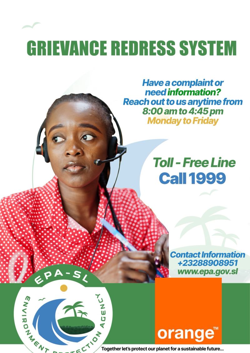 ProtectionLeone's tweet image. Use the new #EPA-SL GRS platform to voice any environmental concern.
📞 Call 1999 for free; speak directly with our team and report an issue. 🌍 Visit our website—log in to grs.epa.gov.sl to submit a complaint online. 
#EPATS
#GRSPlatform