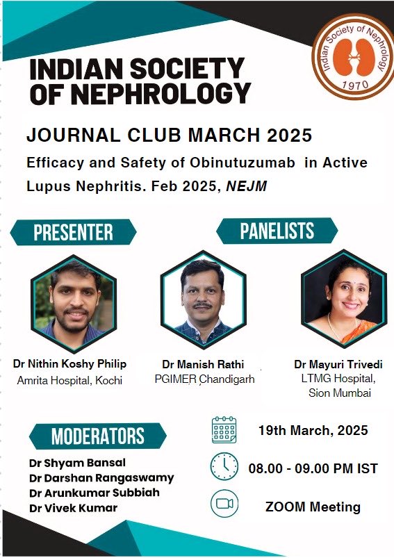 Arvind Canchi (Conjeevaram)🇮🇳 (@arvindcanchi) on Twitter photo The <a href="/isn_india/">Indian Society of Nephrology</a> Journal Club TODAY‼️
📅 When: 19 March 2025 | 08:00 – 09:00 PM IST
📌 Topic: ISN Journal Club – March 2025 - Obinutuzumab in Lupus Nephritis
🔗 Join here: us02web.zoom.us/j/89497432885?…
🔑 Passcode: 647870
We look forward to your enthusiastic participation and engagement! The <a href="/isn_india/">Indian Society of Nephrology</a> Journal Club TODAY‼️
📅 When: 19 March 2025 | 08:00 – 09:00 PM IST
📌 Topic: ISN Journal Club – March 2025 - Obinutuzumab in Lupus Nephritis
🔗 Join here: us02web.zoom.us/j/89497432885?…
🔑 Passcode: 647870
We look forward to your enthusiastic participation and engagement!