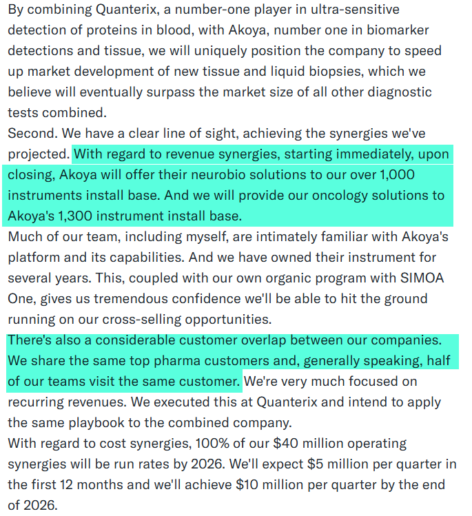 etfminer's tweet photo. $QTRX conference call - so the "synergies" combining with $AKYA just involve calling each other's customers and trying to sell an instrument? If half of your teams visit the same customers, chances are you have already tried to cross-sell. https://t.co/eU6bSh13Ya