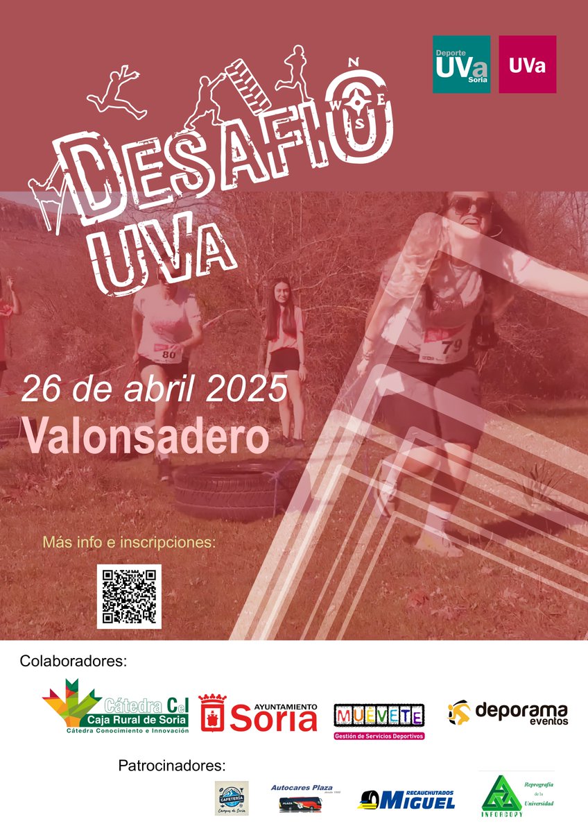 DESAFÍO UVa 2025.
El 26 de abril te esperamos en Valonsadero para disfrutar de la naturaleza! Este año con novedades #FamilyEdition.
Inscripciones en deportes-soria.blogs.uva.es/desafiouva/