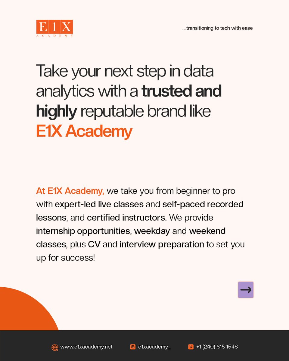 E1XAcademy's tweet image. Looking to start a career in data analytics but not sure which course to choose?
Hereโs how to find the perfect fit for your goals!
Join our April cohort.
Send us a DM to register now.
#DataAnalytics #LearnDataAnalytics #CareerGrowth #Upskill #TechEducation #e1xacademy