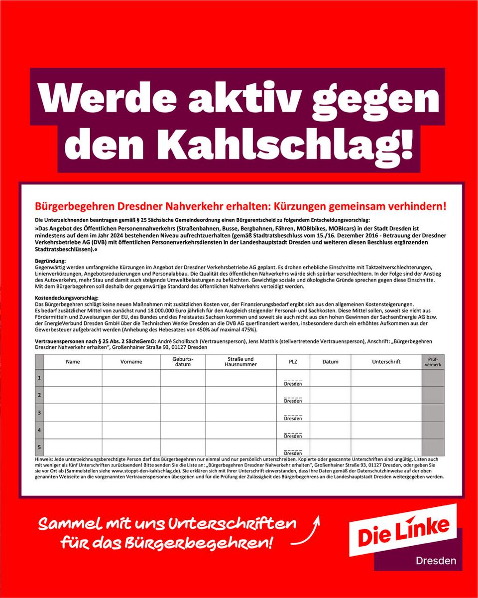 Morgen gehen wir wieder gegen die Kahlschlagspläne von Hilbert und der rechten Stadtratsmehrheit auf die Straße. Außerdem sammeln wir Unterschriften gegen den Angriff auf die <a href="/DVBAG/">DVB AG</a>! Unterstützt das Bürgerbegehren und sammelt mit, alle Infos:
dielinke-dresden.de/dvb-retten-bue…