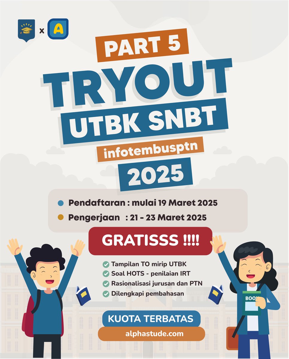 INFO SNBP - UTBK SNBT 2025 (@infotembusptn) on Twitter photo Yukkk bales di UTBK 🔥 🔥🔥
⭐️TO UTBK GRATIS PART 5 ⭐️
📅 Periode Pendaftaran: 19 - 23 Maret 2025
📝 Periode Pengerjaan: 21 - 23 Maret 2025
Syaratnya mudah :
1. LIKE & RT postingan ini
2. Follow <a href="/alphastude/">Alphastude | TRYOUT UTBK 2025</a>
2. Komen “DONE” di kolom komentar
Lalu daftar di Yukkk bales di UTBK 🔥 🔥🔥
⭐️TO UTBK GRATIS PART 5 ⭐️
📅 Periode Pendaftaran: 19 - 23 Maret 2025
📝 Periode Pengerjaan: 21 - 23 Maret 2025
Syaratnya mudah :
1. LIKE & RT postingan ini
2. Follow <a href="/alphastude/">Alphastude | TRYOUT UTBK 2025</a>
2. Komen “DONE” di kolom komentar
Lalu daftar di
