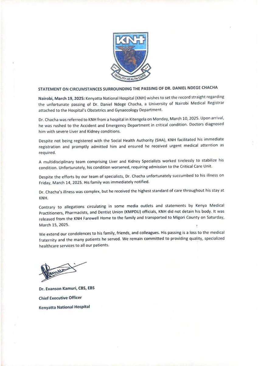 Statement on circumstances surrounding the care and passing of Dr. Daniel Ndege Chacha. #KNHinakujali
