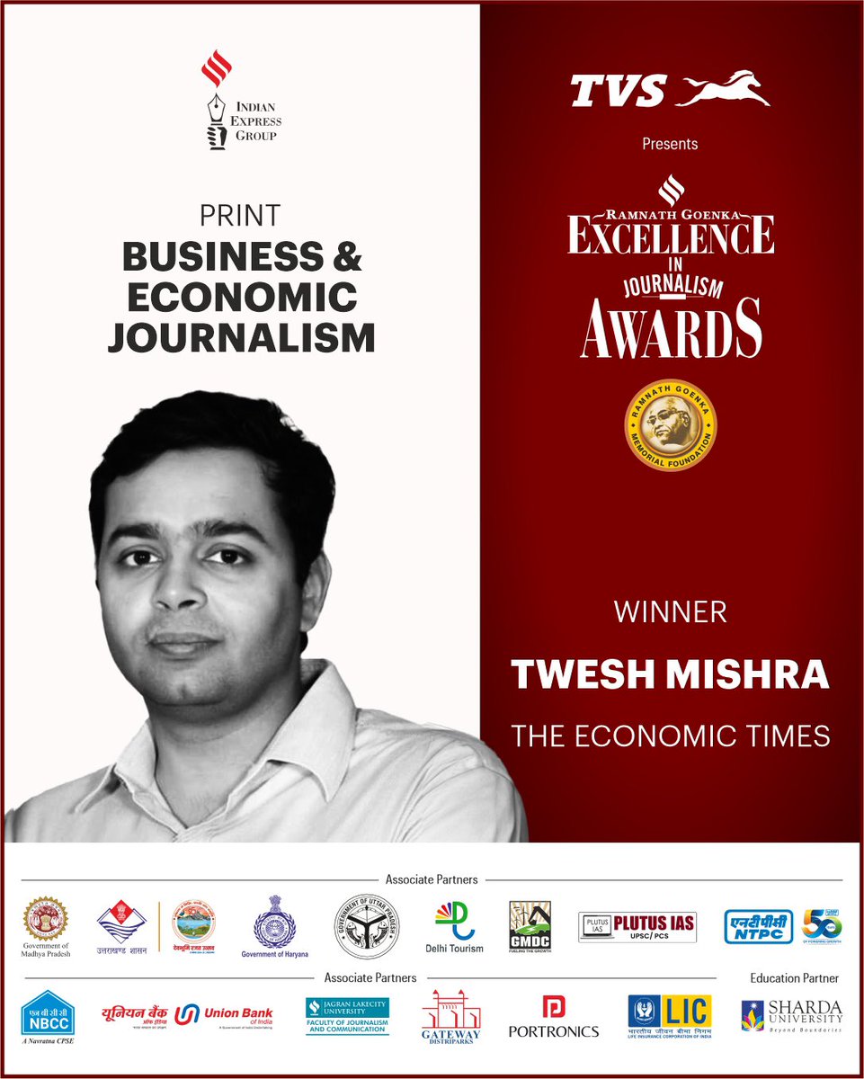 IndianExpress's tweet photo. #RNGAwards 🏆 | Twesh Mishra (@TweshMishra) takes home The Indian Express Excellence in Journalism Award in print for the category Business & Economic Journalism. Well-deserved ✨  For his story on how the govt’s flagship programme to boost local manufacturing of EVs in India was being flouted by makers, who were importing components and using fake documents to receive subsidies worth over Rs 400 crore.