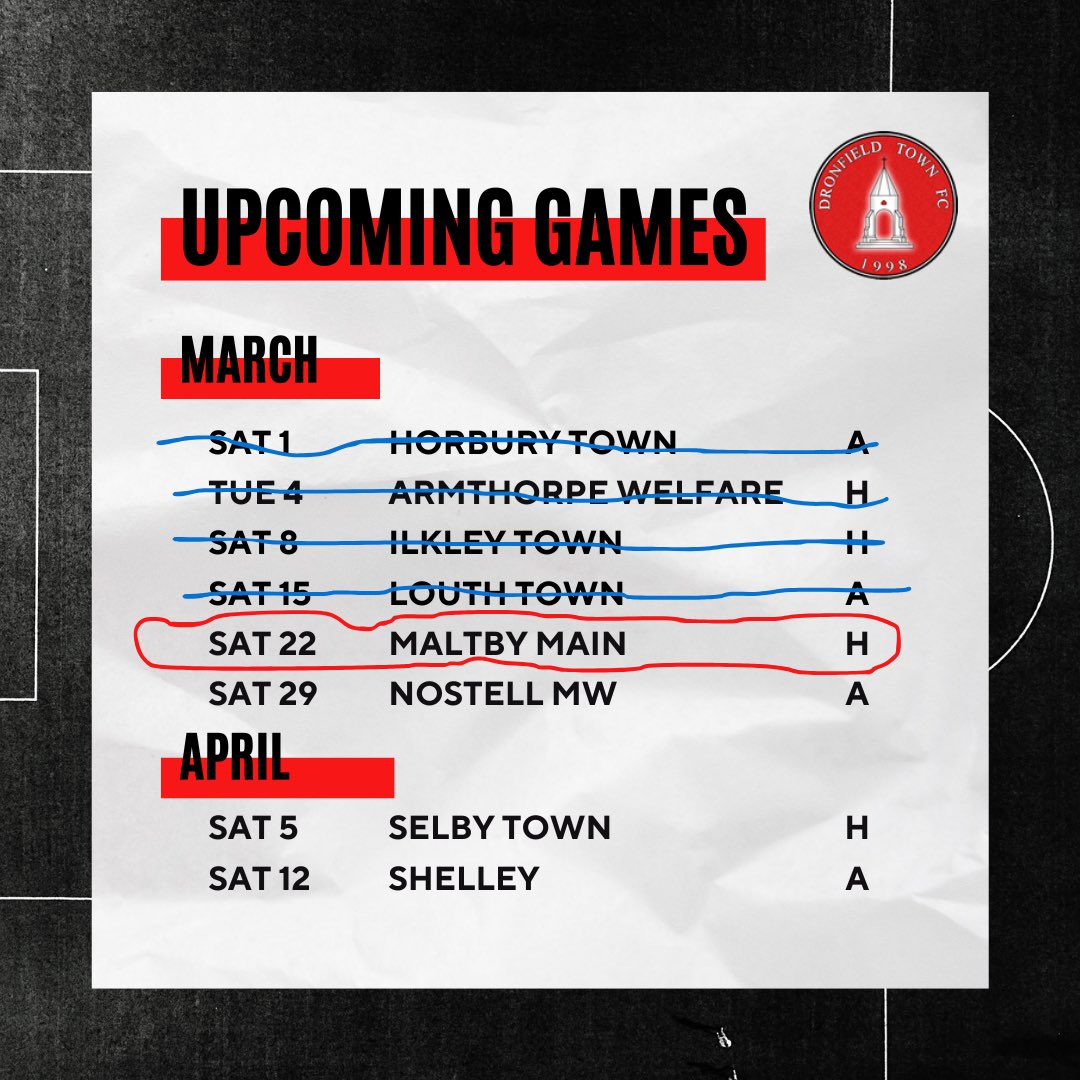 4 down…. 4 to go!

It’s International Break weekend so why not get your football fix at the HE Barnes Stadium (S18 2EU) this Saturday when we entertain @MainMaltby. 

Kick off 3.00pm and don’t forget Under 16s go FREE!

#utt🔴⚫️🔴⚫️
