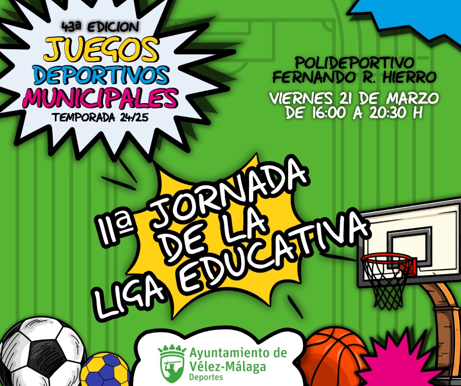 JUEGOS DEPORTIVOS MUNICIPALES
Temporada 24-25
📣Liga Educativa JDM
11ª JORNADA

Undécima Jornada de liga de la temporada, puede ver los horarios de cada partido y de las diferentes categorías desde nuestra web o a través del siguiente enlace:
deportes.velezmalaga.es/contenido/dato…