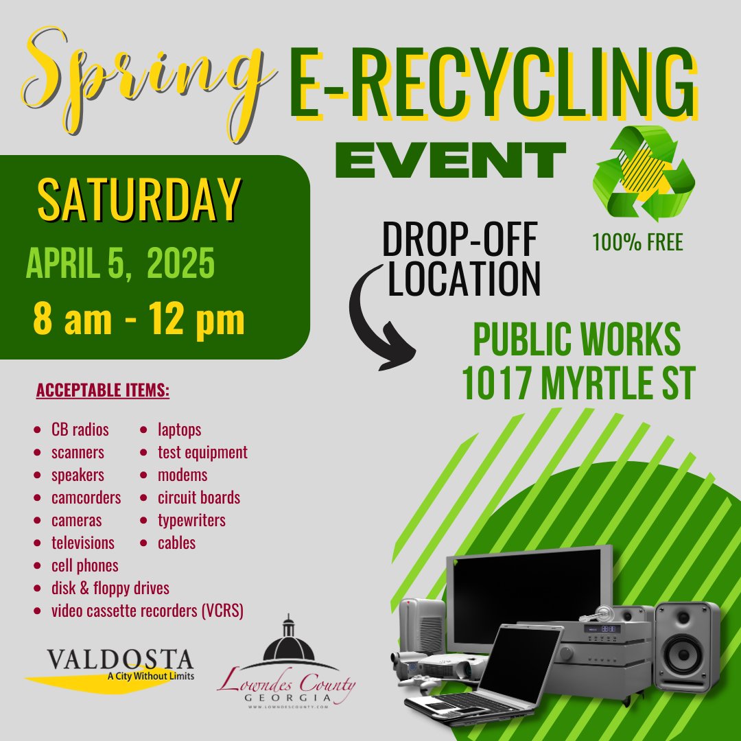 ♻️ Spring Into Action! 🌱

Bring your old electronics to our Spring Electronics Recycling Event in collaboration with Lowndes County, GA on Saturday, April 5, from 8 a.m. to noon at Valdosta Public Works (1017 Myrtle St.)!

📚Details: tinyurl.com/2025SpringERec…
#ACityWithoutLimits