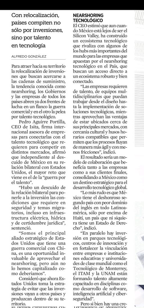 ALTOIMPACTO1's tweet image. El #Nearshoring  es una oportunidad que estamos dejando escapar! #negocios les comparto este artículo que al respecto publica @reformanegocios @elnortenegocios en #entrevista con @Pedro Aguirre Portilla @CEO de @ISITA Compártelo #share