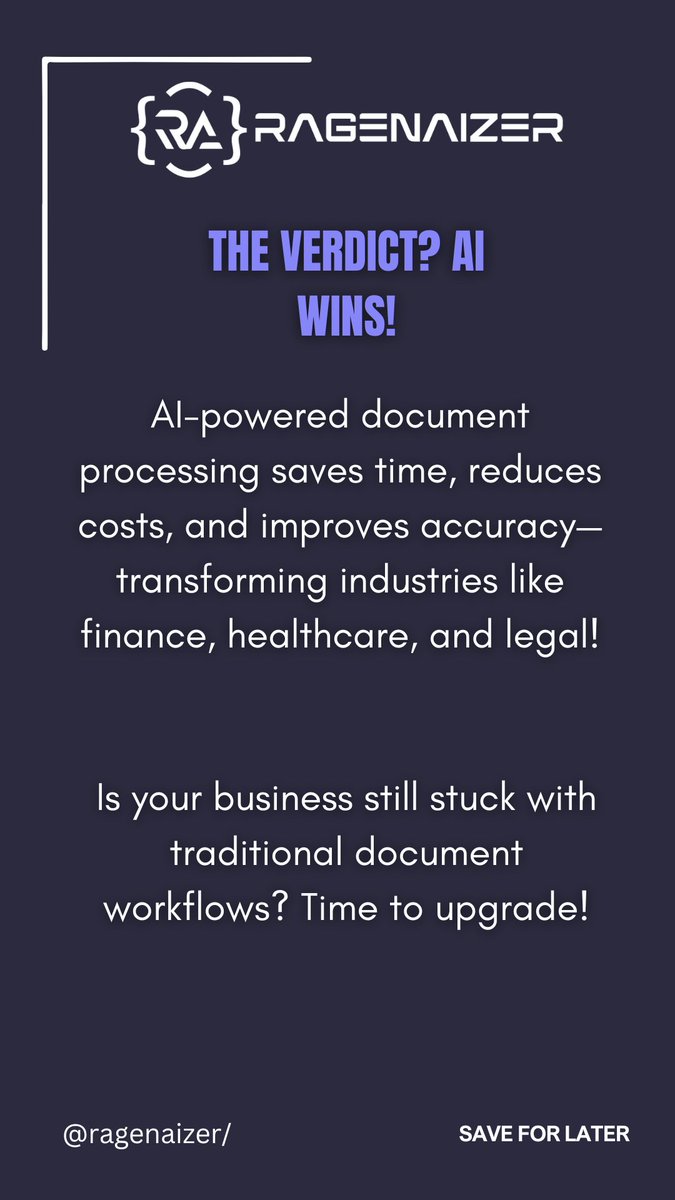 Ragenaizer's tweet photo. AI vs. Traditional Document Processing – Who Wins?

Speed: AI = seconds, manual = hours
Accuracy: No human errors, just precision
Cost: AI scales, manual = expensive
Security: AI ensures compliance &amp; encryption

Verdict? AI Wins!

#AI #Automation #DigitalTransformation https://t.co/tRGvfaLlae