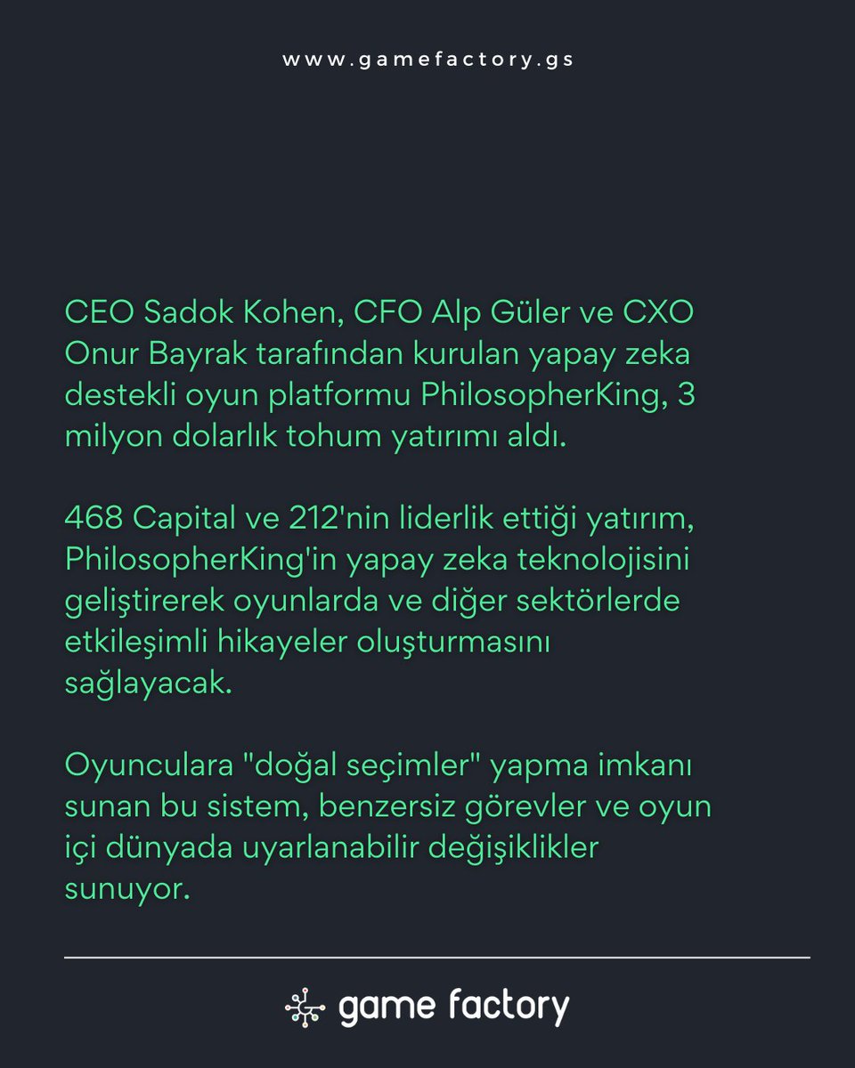 PhilosopherKing, yapay zeka destekli hikaye anlatımı için 3 milyon dolar yatırım aldı!  CEO Sadok Kohen, CFO Alp Güler ve CXO Onur Bayrak liderliğindeki platform, oyun ve diğer sektörlerde yeni bir dönem başlatıyor! 

#PhilosopherKing #yapayzeka #AI #oyunhaberleri