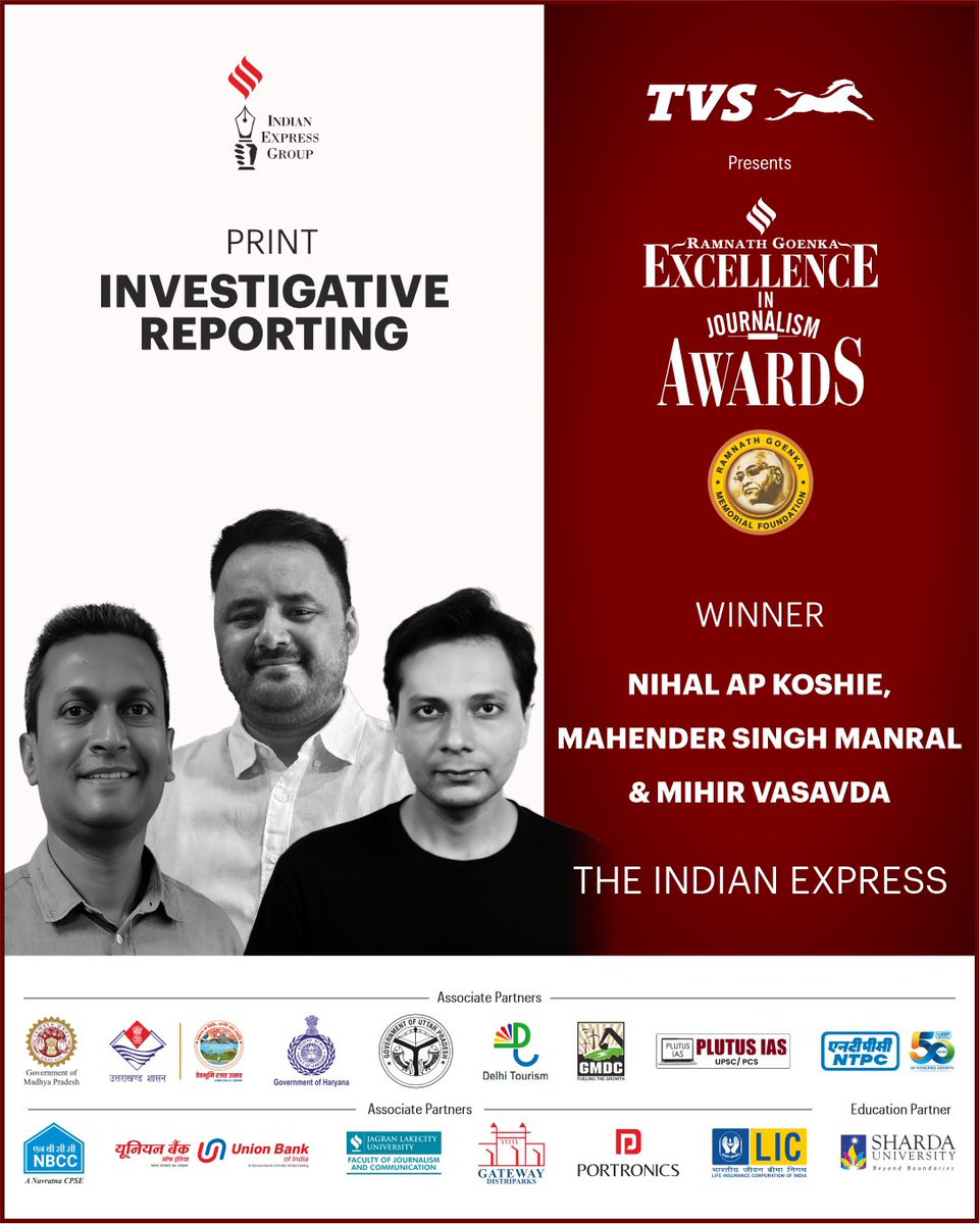 The Indian Express (@indianexpress) on Twitter photo <a href="/rashtrapatibhvn/">President of India</a> <a href="/RNGAwards/">RNG Awards</a> <a href="/MridulikaJ/">Mridulika Jha</a> <a href="/Siddhantmt/">Siddhant Mohan</a> <a href="/jishaeliza/">Jisha Elizabeth</a> <a href="/mandar_gonjari/">Mandar Gonjari</a> <a href="/imsktripathi/">Sibu Tripathi 🪂</a> <a href="/JoelMichaelhps/">Joel Michael</a> <a href="/rohinikrish9/">Rohini Krishnamurthy</a> <a href="/satyabarik/">Satyasundar Barik</a> <a href="/vishnukant_7/">Vishnukant</a> <a href="/TweshMishra/">Twesh Mishra</a> <a href="/dawalelo/">Maitri Porecha</a> <a href="/JournoAshutosh/">ASHUTOSH MISHRA</a> <a href="/ShahabAli393818/">Shahab Ali</a> <a href="/AmarnathKashy18/">Amarnath Kashyap</a> <a href="/teajust/">Tejas Vaidya</a> <a href="/enakshi_r/">Enakshi Rajvanshi</a> #RNGAwards 🏆 | Congratulations to Nihal AP Koshie (<a href="/nkoshie/">Nihal Koshie</a>), Mahender Singh Manral (<a href="/mahendermanral/">Mahender Singh Manral</a>) & Mihir Vasavda (<a href="/mihirsv/">Mihir Vasavda</a>) for winning The Indian Express Excellence in Journalism Award in print for the category Investigative Reporting.
For their stories on the protests <a href="/rashtrapatibhvn/">President of India</a> <a href="/RNGAwards/">RNG Awards</a> <a href="/MridulikaJ/">Mridulika Jha</a> <a href="/Siddhantmt/">Siddhant Mohan</a> <a href="/jishaeliza/">Jisha Elizabeth</a> <a href="/mandar_gonjari/">Mandar Gonjari</a> <a href="/imsktripathi/">Sibu Tripathi 🪂</a> <a href="/JoelMichaelhps/">Joel Michael</a> <a href="/rohinikrish9/">Rohini Krishnamurthy</a> <a href="/satyabarik/">Satyasundar Barik</a> <a href="/vishnukant_7/">Vishnukant</a> <a href="/TweshMishra/">Twesh Mishra</a> <a href="/dawalelo/">Maitri Porecha</a> <a href="/JournoAshutosh/">ASHUTOSH MISHRA</a> <a href="/ShahabAli393818/">Shahab Ali</a> <a href="/AmarnathKashy18/">Amarnath Kashyap</a> <a href="/teajust/">Tejas Vaidya</a> <a href="/enakshi_r/">Enakshi Rajvanshi</a> #RNGAwards 🏆 | Congratulations to Nihal AP Koshie (<a href="/nkoshie/">Nihal Koshie</a>), Mahender Singh Manral (<a href="/mahendermanral/">Mahender Singh Manral</a>) & Mihir Vasavda (<a href="/mihirsv/">Mihir Vasavda</a>) for winning The Indian Express Excellence in Journalism Award in print for the category Investigative Reporting.
For their stories on the protests