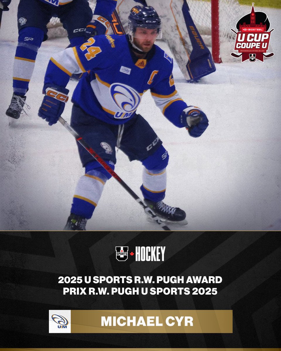 USPORTSca's tweet photo. 🏒🏆 Michael Cyr of the Université de Moncton takes home the R.W. Pugh Trophy as the 2025 U SPORTS men's hockey most sportsmanlike player!

🏒🏆 Michael Cyr des @aiglesbleus remporte le trophée R.W. Pugh pour le meilleur esprit sportif !

@AUS_SUA

#ChaseTheGlory | #ViserHaut https://t.co/9Uzi6qZs2t
