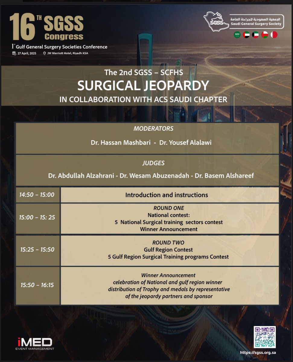 Hassan Mashbari حسن مشبري (@hassanmashbari) on Twitter photo JEOPARDY is back!
Join the competition in this new international version with competitors from KSA & the Gulf Region!
2nd SGSS - SCFHS SURGICAL JEOPARDY in AFFILIATION OF ACS-Saudi Arabia Chapter
Whose name will be added to the cup? <a href="/SGSS_KSA/">SGSS</a> <a href="/me4_so/">SoMe4Surgery</a> <a href="/cmeinksa/">Medical events KSA</a> <a href="/doctorksa/">DoctorKSA Medical</a> JEOPARDY is back!
Join the competition in this new international version with competitors from KSA & the Gulf Region!
2nd SGSS - SCFHS SURGICAL JEOPARDY in AFFILIATION OF ACS-Saudi Arabia Chapter
Whose name will be added to the cup? <a href="/SGSS_KSA/">SGSS</a> <a href="/me4_so/">SoMe4Surgery</a> <a href="/cmeinksa/">Medical events KSA</a> <a href="/doctorksa/">DoctorKSA Medical</a>