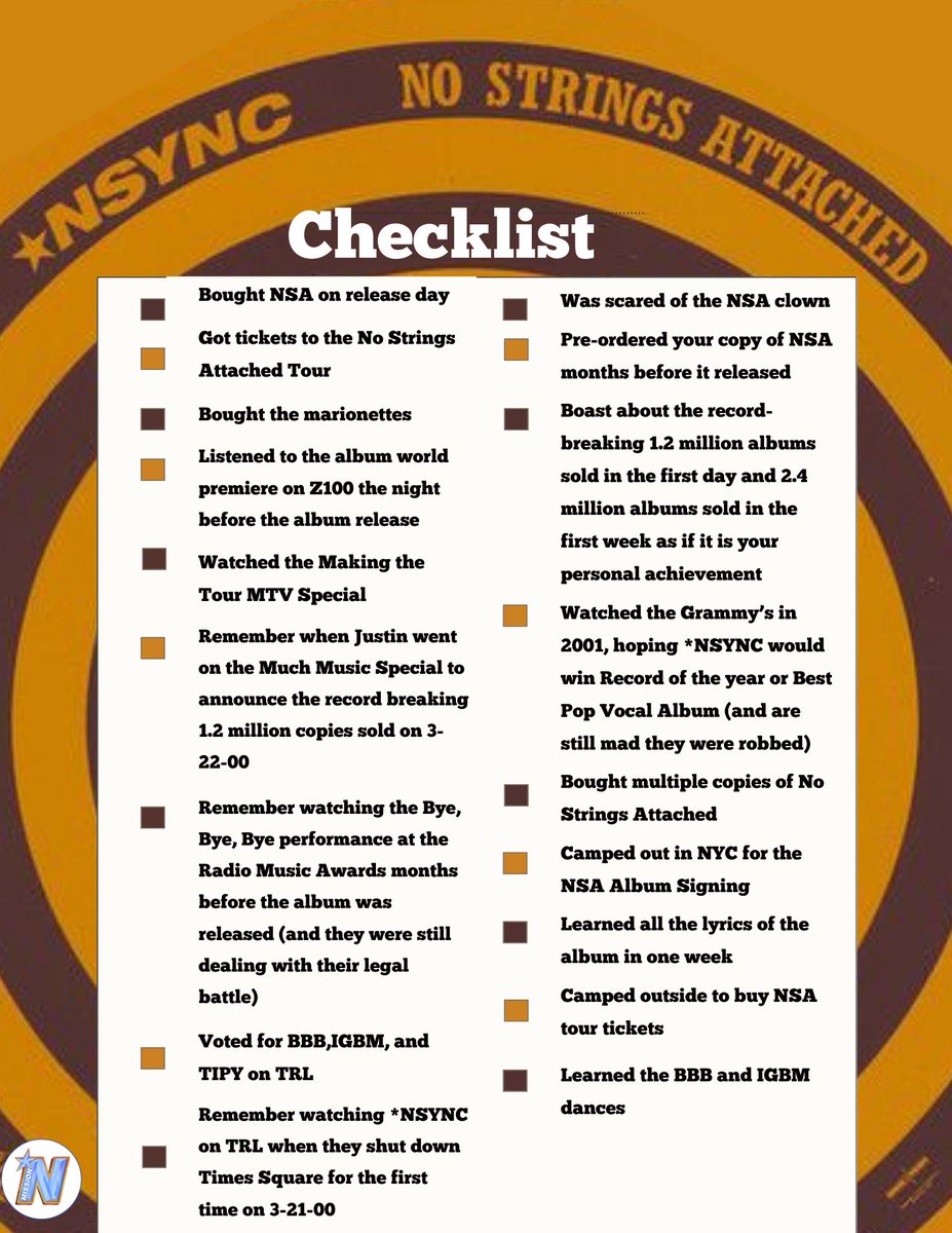 MissionNsync's tweet photo. Letโs take a trip back to 2000 and re-live the *No Strings Attached* era!
check out this list and tell us how many items apply to you!
#NSYNC #NoStringsAttached25 #NSA25 https://t.co/yvga28tFZS