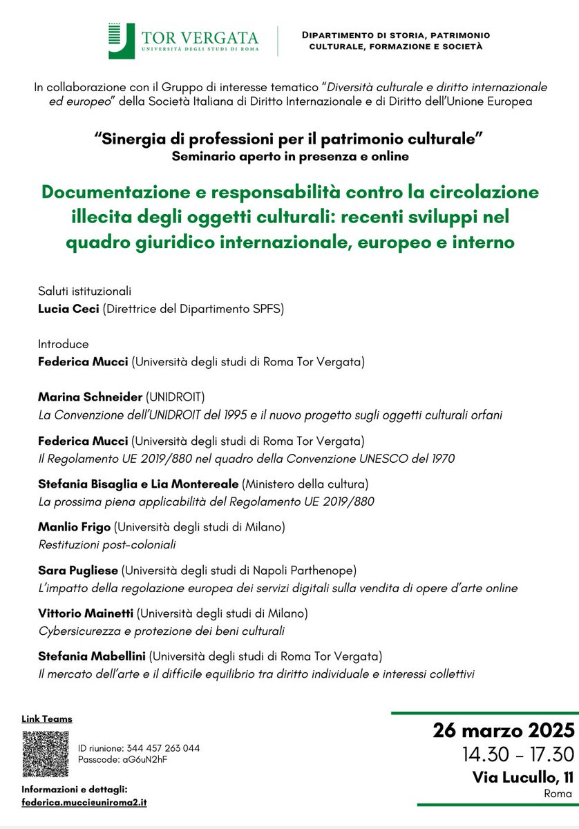SIDIorg's tweet photo. 📌Documentazione e responsabilità contro la circolazione illecita degli oggetti culturali: recenti sviluppi nel quadro giuridico internazionale, europeo e interno #26marzo2025 #GruppinteresseSIDI #dirittointernazionale #dirittoUE #diversitàculturale #oggetticulturali https://t.co/19ztCDlAF7
