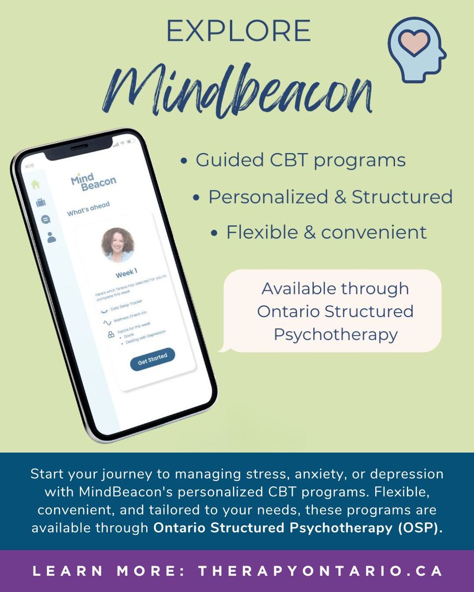 OHTNorthSimcoe's tweet photo. ๐ฟ Struggling with stress, anxiety, or depression? Youโre not alone.
MindBeacon's personalized CBT programs offer flexible support through Ontario Structured Psychotherapy (OSP).
๐ Learn more: https://t.co/XD5k0Y9rZr
#MentalHealthMatters #MindBeacon #Wellness #OHT #NSOHT https://t.co/Tu2sJoeFWL