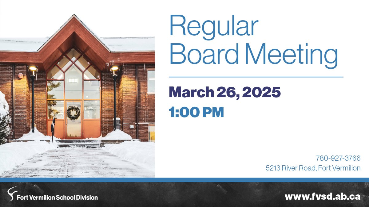 📅 Board Meeting: March 26, 2024 | Public meeting begins at 1 PM at Division Central Office. Community members are welcome to attend in person, contact Darlene Bergen, Exec. Assistant to the Superintendent of Schools, at 780-927-3766.

🔗 bit.ly/3UjKL4K  

#fvsdeducation