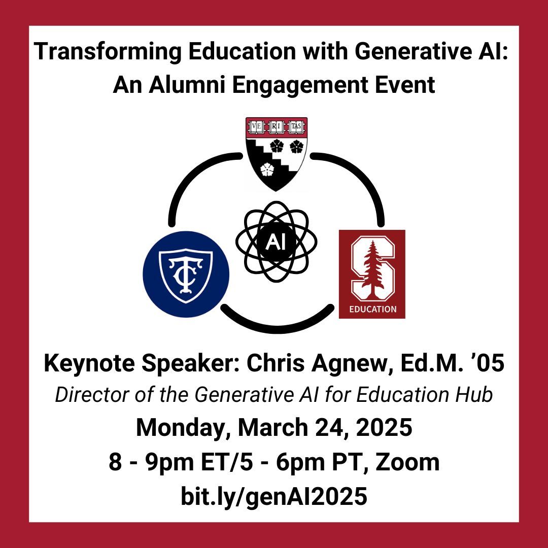 hgse_alumni's tweet image. Join us for a joint alumni engagement event featuring Transforming Education with Generative AI! Learn more and register: bit.ly/genAI2025 #hgse #hgsealumni #harvardeducation