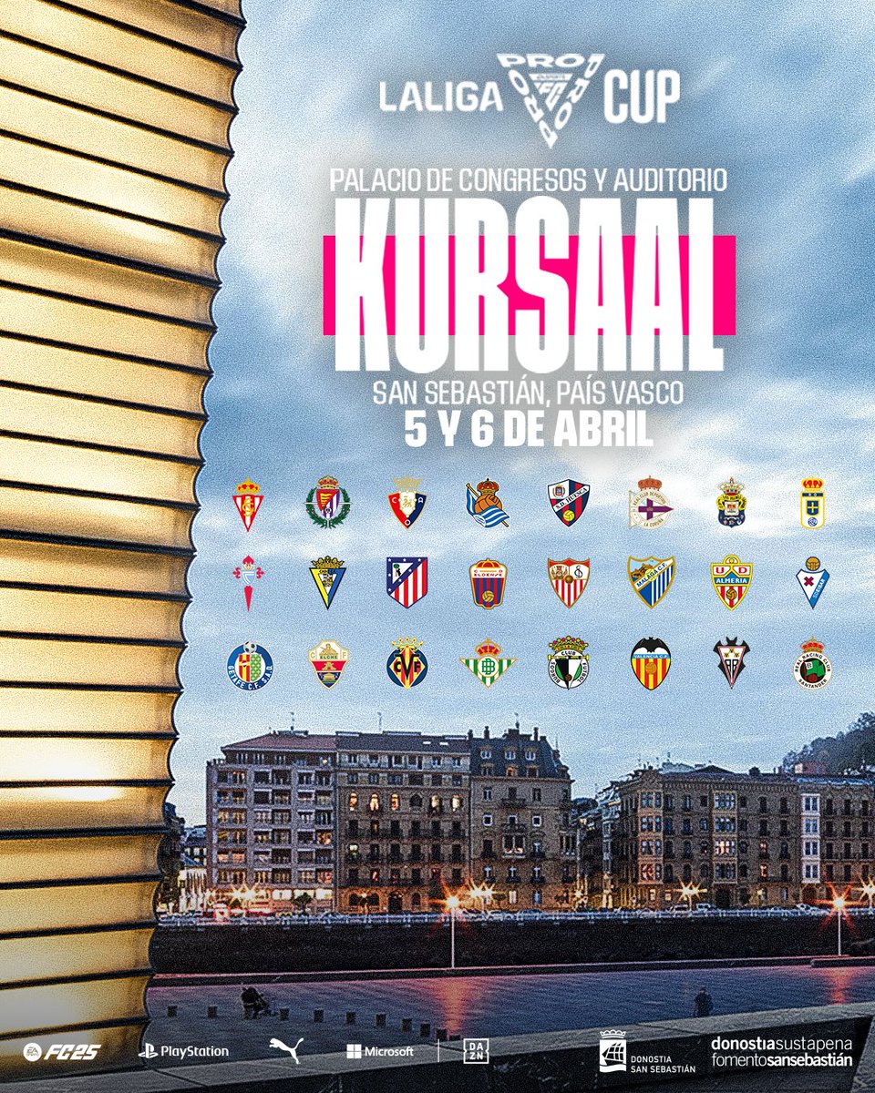 LA CUP VUELVE A SAN SEBASTIÁN 🏆 

El 5 y 6 de abril estaremos disputando #LALIGAFCPRO Cup en el Palacio de Congresos Kursaal 🏛️ 

24 equipos, 1 solo CAMPEÓN y el pase a las FINALS en juego 🥇 

#LALIGAFCPro #FC25