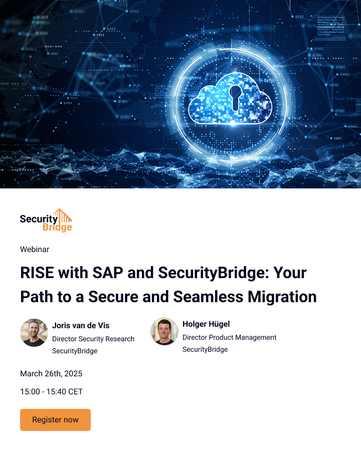 _securitybridge's tweet image. Secure and optimize RISE with SAP – while reducing costs! 🚀

Join our webinar to learn how SecurityBridge enhances security, streamlines operations, and cuts costs for RISE with SAP.

📅 Save your free spot here: securitybridge.com/events/rise-wi…

#RISEwithSAP #SecurityBridge #Webinar