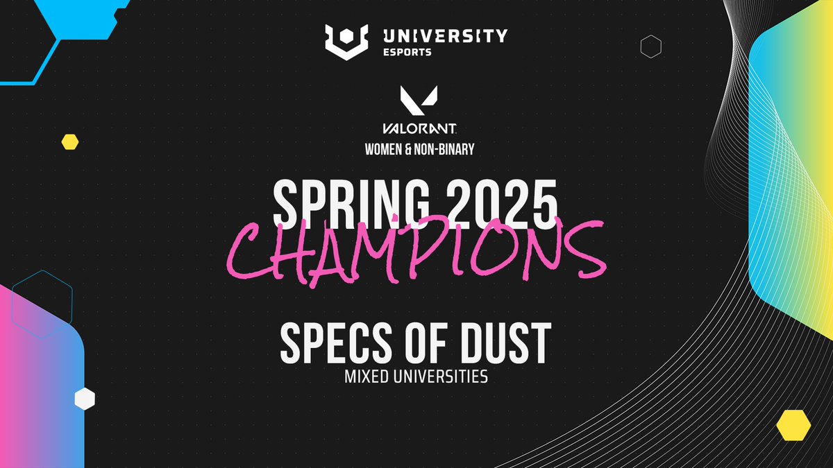 UniEsportsUKI's tweet photo. ๐ Congratulations to the winners of #UEspring25 Women & Non-Binary VALORANT, Specs of Dust!
๐ Thank you to everyone that played in this amazing season! https://t.co/ohRipST0i2
