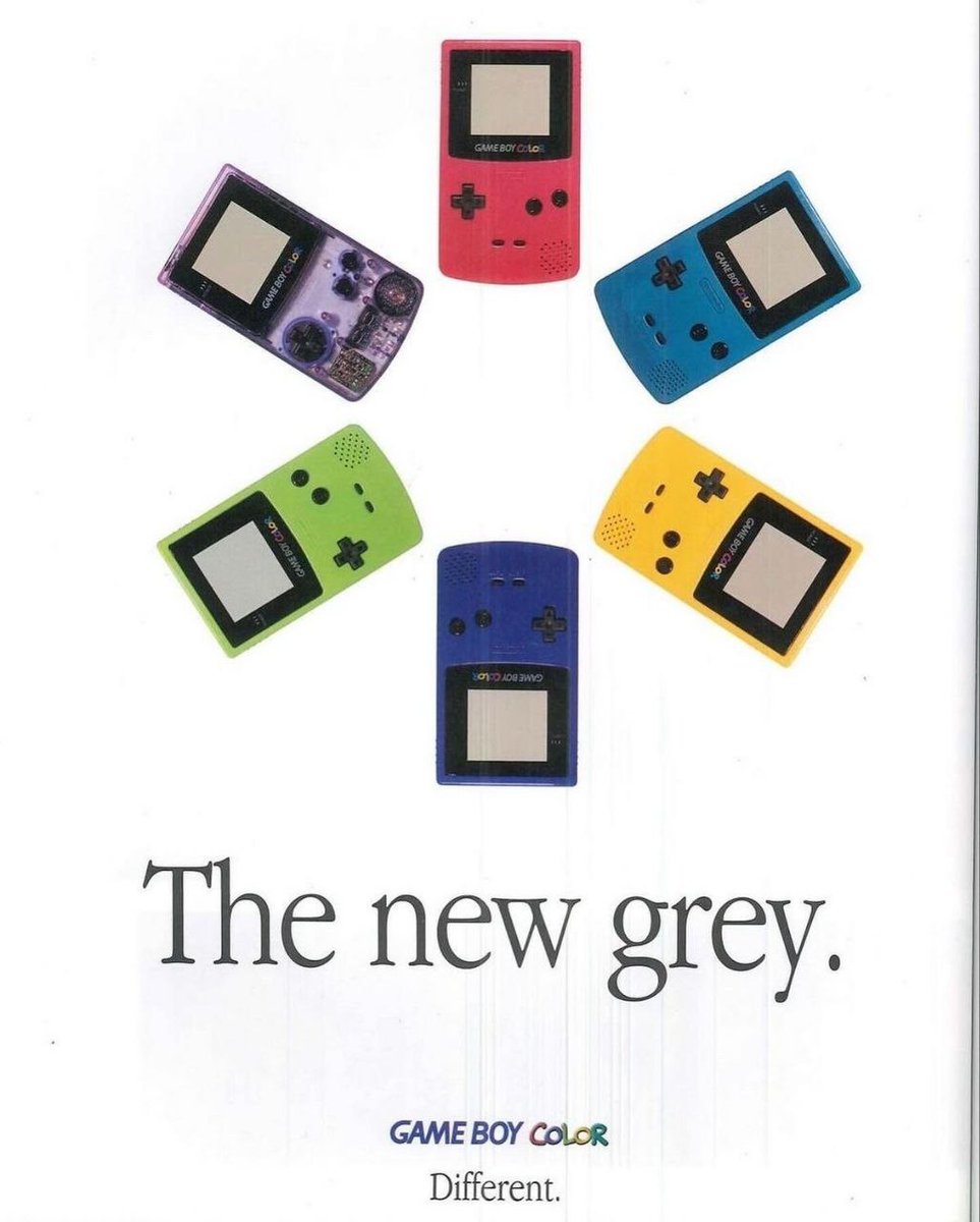 repponen's tweet image. Nintendo Game Boy ad (1998) and iMac ad (1999). Aside from their striking visual similarities, it’s interesting—and maybe a bit strange—that both ads use the exact same Garamond typeface 🥳 and prominently feature the word “different.”