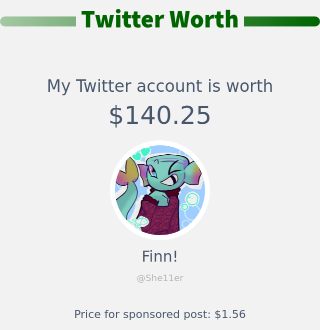 She11er's tweet photo. My Twitter worth is: $140.25

➡️ https://t.co/bjz3sFPY7F https://t.co/tpZ32vVHWJ