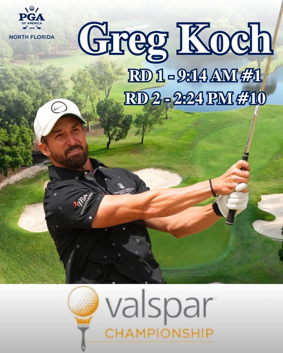 North Florida PGA (@nfloridapga) on Twitter photo Greg Koch is ready to play in the 2025 <a href="/ValsparChamp/">Valspar Championship</a>! Round 1 starts on Thursday, March 20. Follow Greg along with the leaderboard link: pgatour.com/leaderboard Best of luck! #ValsparChampionship #nfpga Greg Koch is ready to play in the 2025 <a href="/ValsparChamp/">Valspar Championship</a>! Round 1 starts on Thursday, March 20. Follow Greg along with the leaderboard link: pgatour.com/leaderboard Best of luck! #ValsparChampionship #nfpga