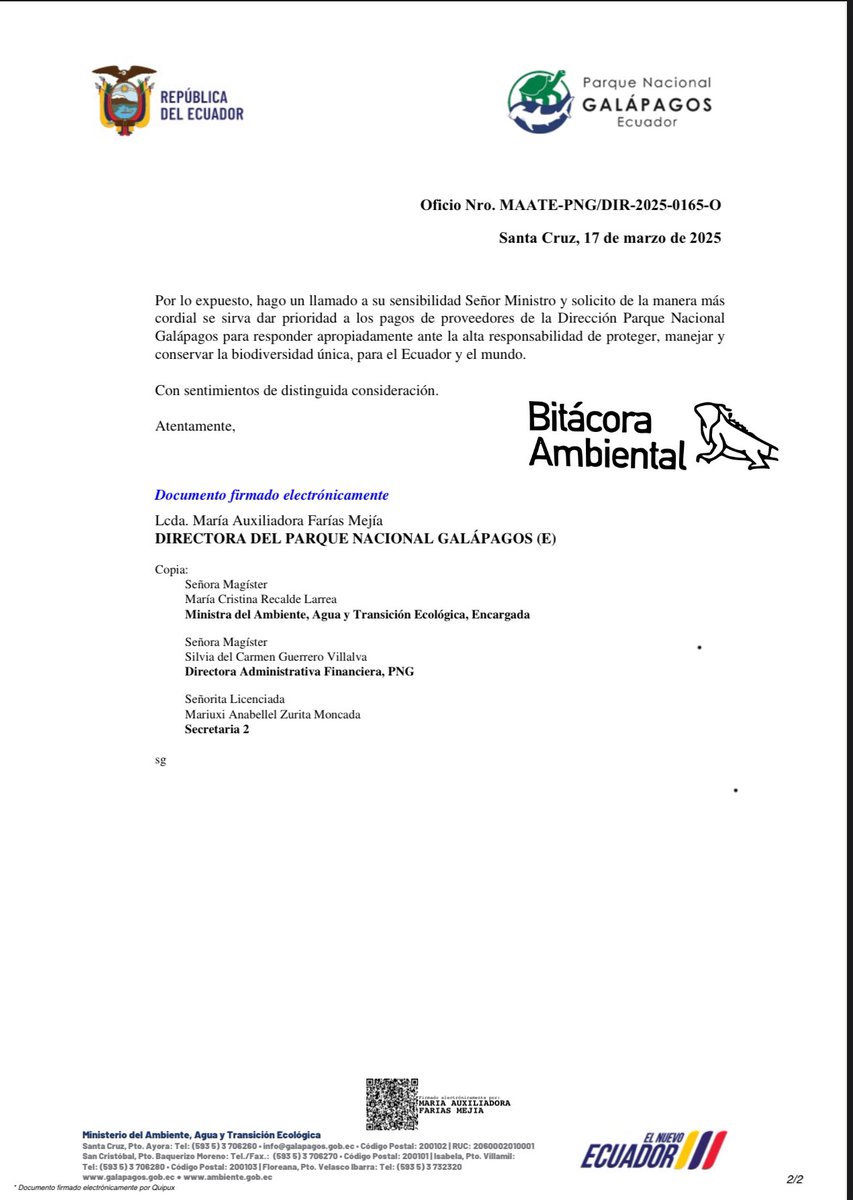 BitacoraEc's tweet photo. #Galapagos #SinGestion #NoSeaMalitoPague
La directora del @parquegalapagos envió un oficio al @FinanzasEc pidiendo que se paguen a los proveedores del PNG, algunos impagos desde octubre de 2024. Además señalan que no pueden ejecutar el presupuesto… Es decir, ni hablar del patrullaje de la Reserva Marina de Galápagos ni la de Hermandad.