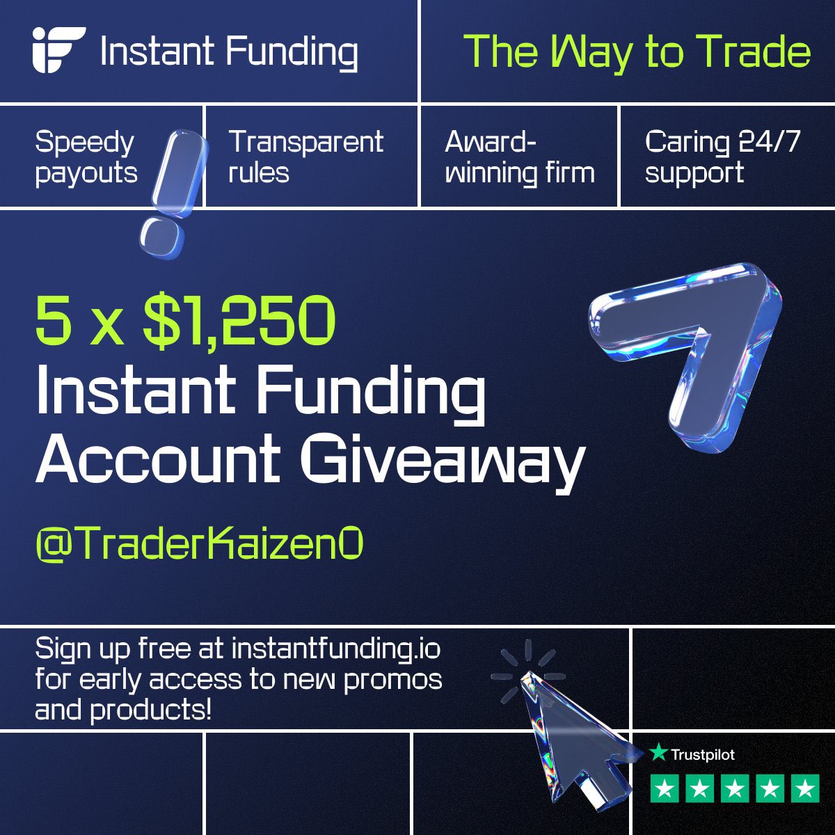 5x $1.250 Instant Funding account giveaway with <a href="/InstantFunding_/">Instant Funding</a> !

Make sure to :

⚡ Like and retweet this post
⚡ Follow 
<a href="/InstantFunding_/">Instant Funding</a>
<a href="/TraderKaizen0/">Kaizen | 改善</a>
<a href="/LewisM_IF/">Lewis | Instant Funding CEO</a>

Winners will be announced on March 26th!
Follow instructions to be eligible to win!