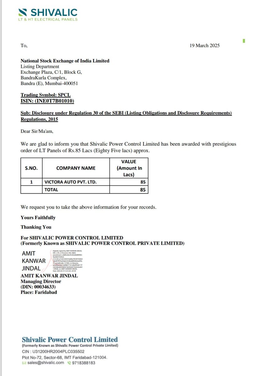 Jayasateesh1's tweet image. 📚Shivalic Power Control Ltd

✍️Company received order worth 
Rs 85 lacs from VICTORA AUTO PVT. LTD  for LT Panels
✍️ The project is expected to be completed by June 2025. 

#vismaya26 #SPCL